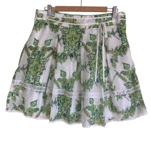 La Belle Vintage A-line Paisley Mini Skirt Pleated Lace Trims Satin Bow Sz 9 / M